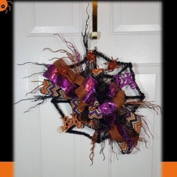 Halloween Orange Black Purple Glittered EEK Black Tinsel Spider Web Wreath - Picture 1 of 12